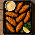 Homemade healthy chicken tender recipe served as a nutritious family meal with dipping sauce and fresh greens