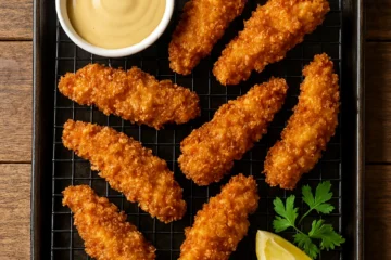 Homemade healthy chicken tender recipe served as a nutritious family meal with dipping sauce and fresh greens