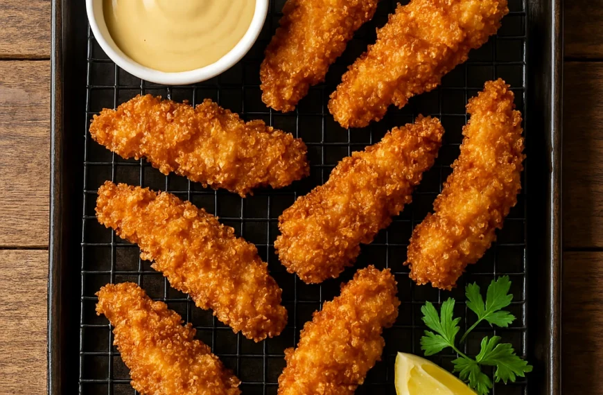 Homemade healthy chicken tender recipe served as a nutritious family meal with dipping sauce and fresh greens