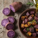 A close-up shot of a smooth, vibrant lavender-colored purple sweet potato mash in a white ceramic bowl, garnished with a decorative swirl of white coconut cream and a small sprig of fresh green herbs on a rustic wooden background.