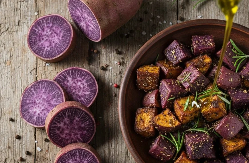 A close-up shot of a smooth, vibrant lavender-colored purple sweet potato mash in a white ceramic bowl, garnished with a decorative swirl of white coconut cream and a small sprig of fresh green herbs on a rustic wooden background.