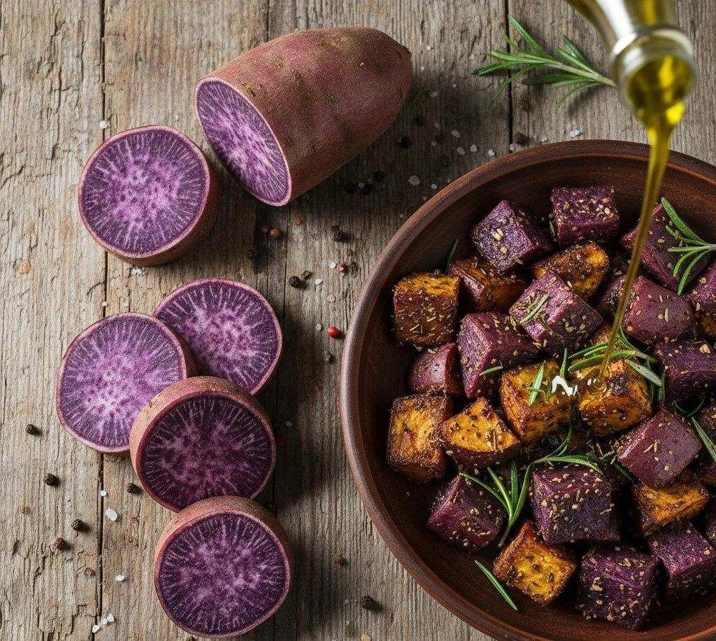 A close-up shot of a smooth, vibrant lavender-colored purple sweet potato mash in a white ceramic bowl, garnished with a decorative swirl of white coconut cream and a small sprig of fresh green herbs on a rustic wooden background.
