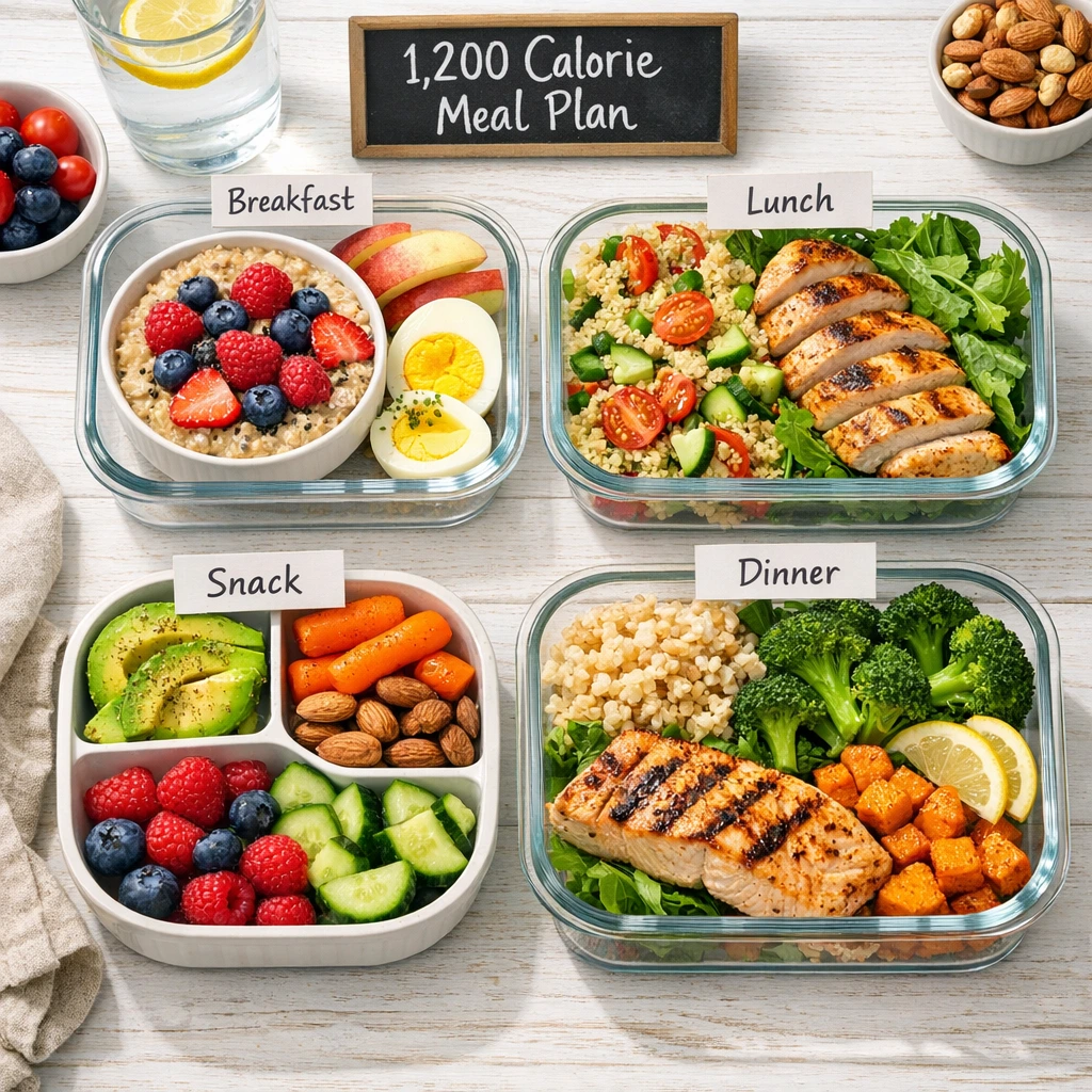 Healthy 1200 calorie meal plan with balanced meals for weight loss including breakfast lunch snack and dinner.
