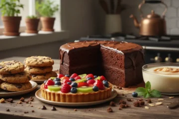 A delectable spread of the best homemade dessert ideas, including a rich chocolate cake, soft cookies, and a fruit tart, inviting indulgence and homemade comfort