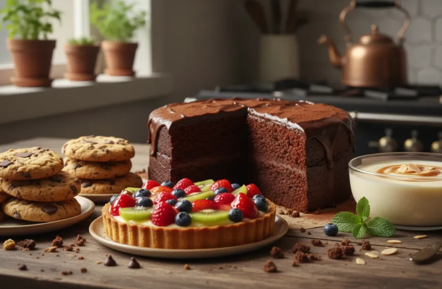 A delectable spread of the best homemade dessert ideas, including a rich chocolate cake, soft cookies, and a fruit tart, inviting indulgence and homemade comfort