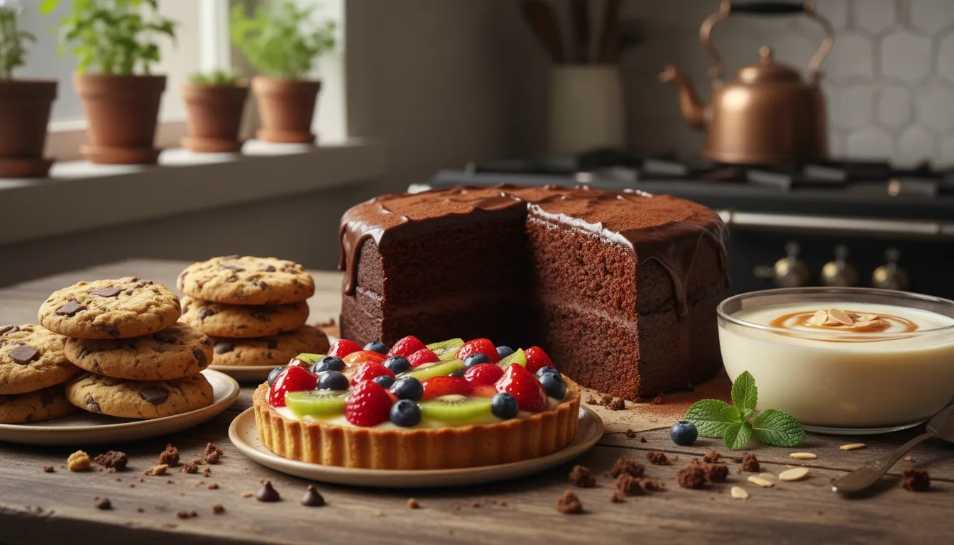 A delectable spread of the best homemade dessert ideas, including a rich chocolate cake, soft cookies, and a fruit tart, inviting indulgence and homemade comfort