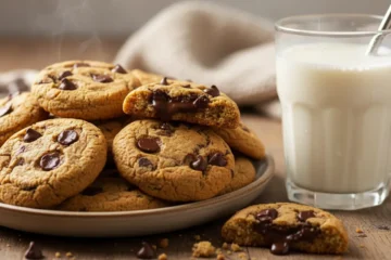 A plate of warm, soft, chewy chickpea chocolate chip cookies with melted chocolate, ready to be enjoyed as a healthy, gluten-free dessert