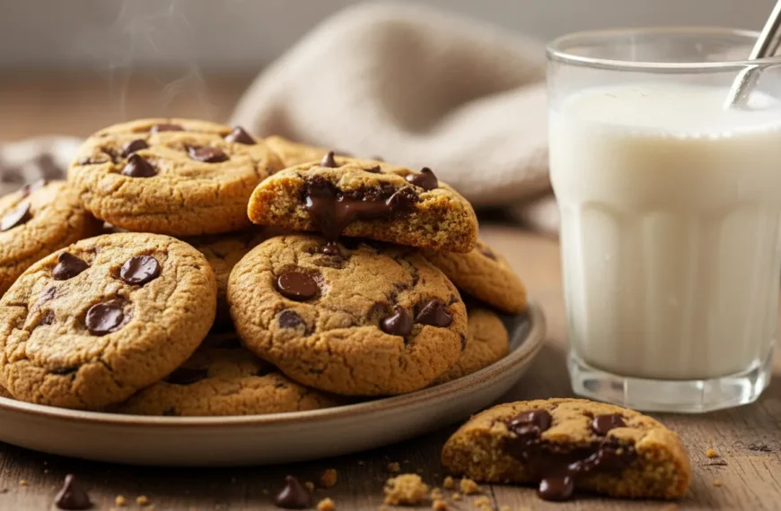 A plate of warm, soft, chewy chickpea chocolate chip cookies with melted chocolate, ready to be enjoyed as a healthy, gluten-free dessert