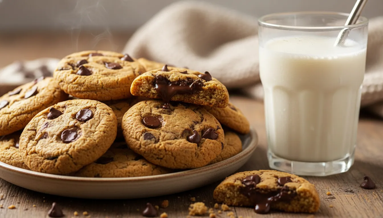 A plate of warm, soft, chewy chickpea chocolate chip cookies with melted chocolate, ready to be enjoyed as a healthy, gluten-free dessert