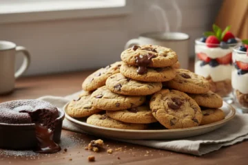 An array of tempting easy desserts to make at home, including cookies, molten chocolate cake, and fruit parfaits, embodying simple sweet treats.