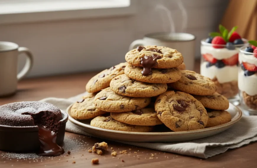 An array of tempting easy desserts to make at home, including cookies, molten chocolate cake, and fruit parfaits, embodying simple sweet treats.