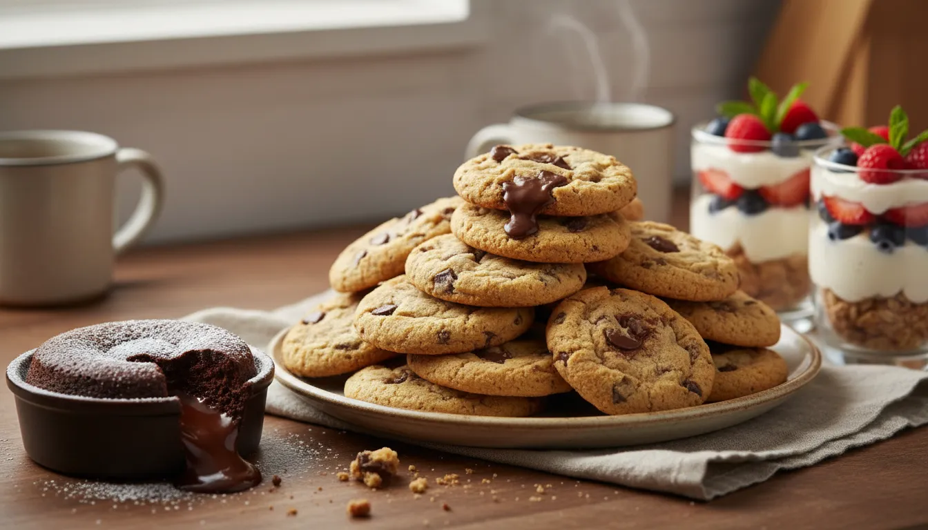 An array of tempting easy desserts to make at home, including cookies, molten chocolate cake, and fruit parfaits, embodying simple sweet treats.