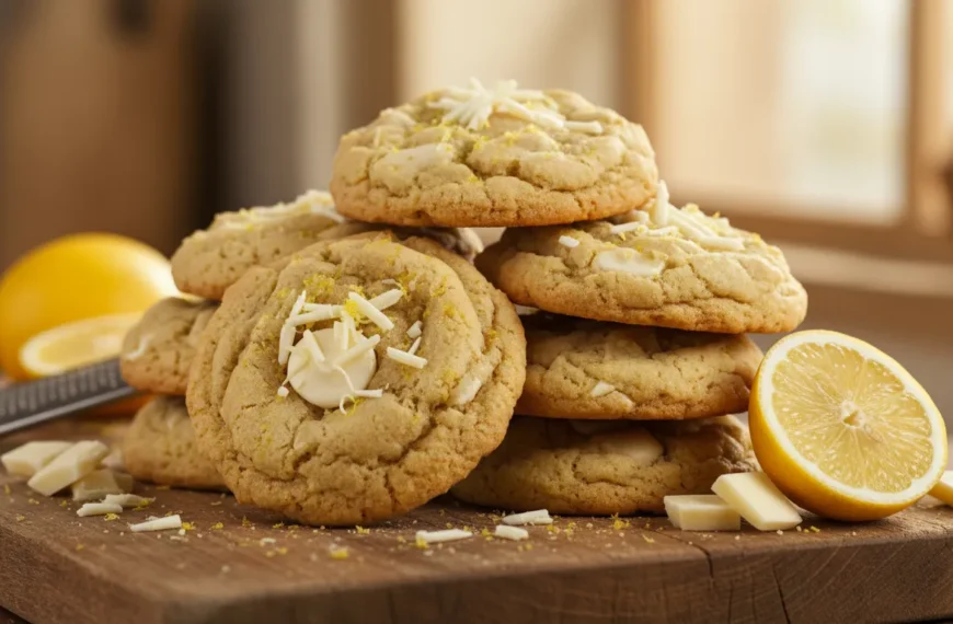 Stack of delicious lemon white chocolate cookies with fresh lemon zest.
