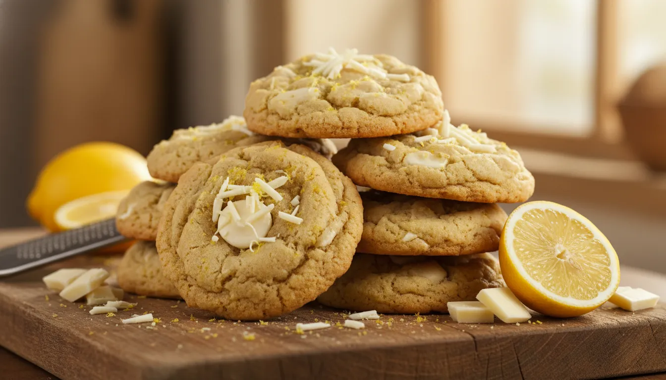 Stack of delicious lemon white chocolate cookies with fresh lemon zest.