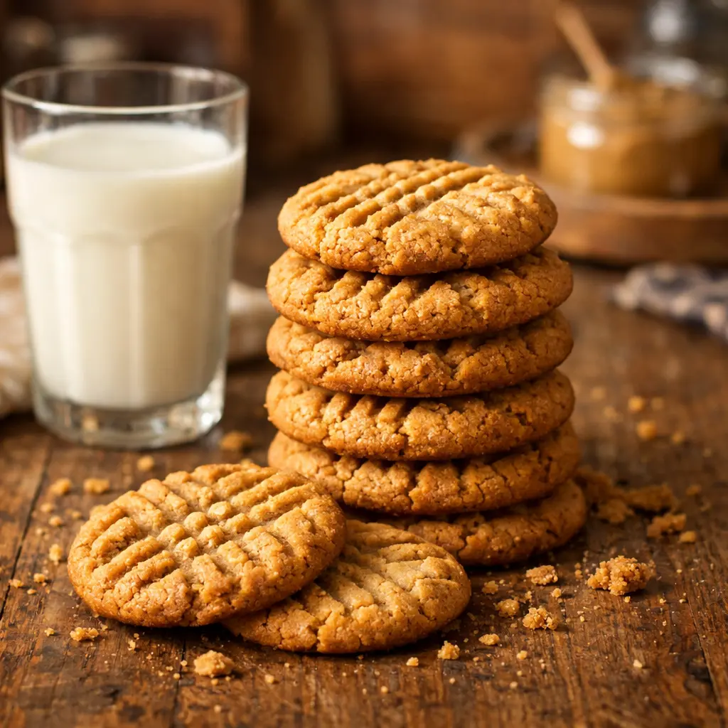 peanut butter cookies with a glass of milk