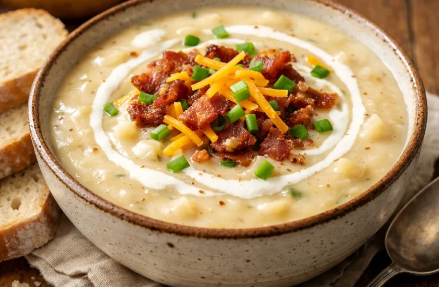 Homemade loaded potato soup recipe with cheddar cheese, bacon, and sour cream.