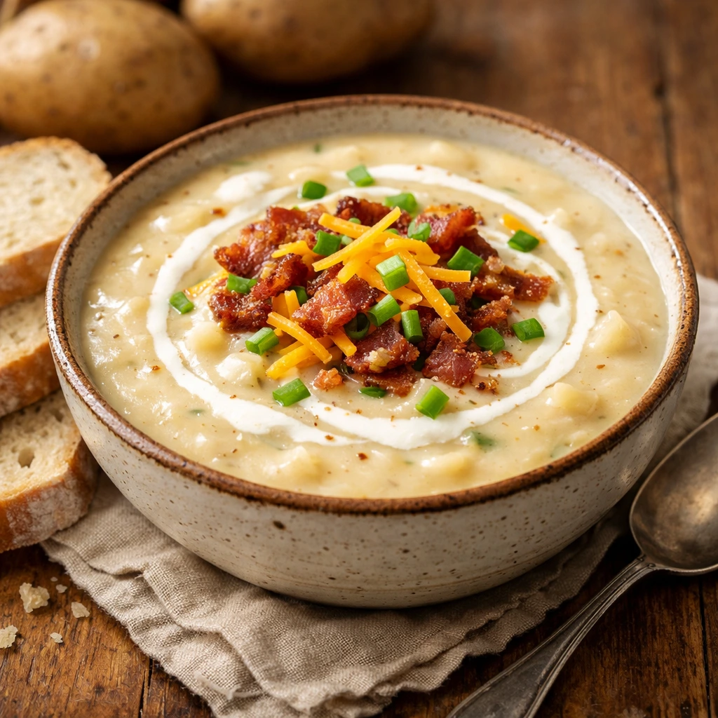 Homemade loaded potato soup recipe with cheddar cheese, bacon, and sour cream.