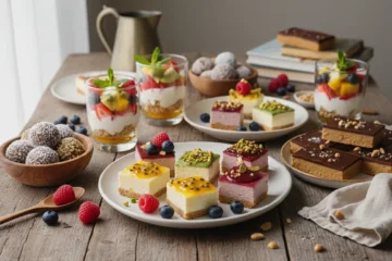 A vibrant collection of quick no bake dessert recipes, including bars, cups, and truffles, artfully arranged on a table