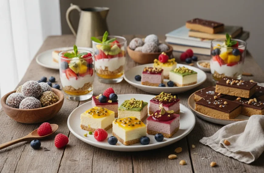 A vibrant collection of quick no bake dessert recipes, including bars, cups, and truffles, artfully arranged on a table