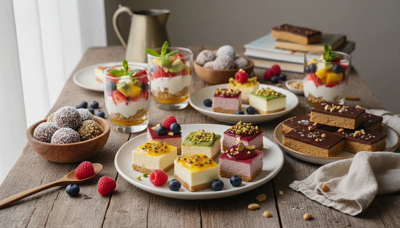 A vibrant collection of quick no bake dessert recipes, including bars, cups, and truffles, artfully arranged on a table