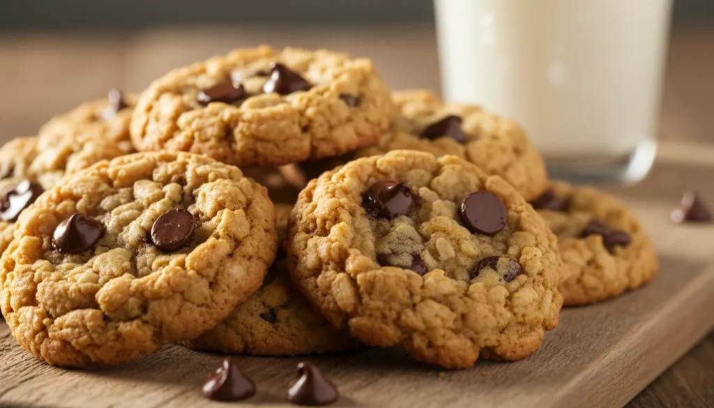 Stack of warm rice krispie chocolate chip cookies with melted chocolate chips