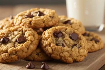 Stack of warm rice krispie chocolate chip cookies with melted chocolate chips