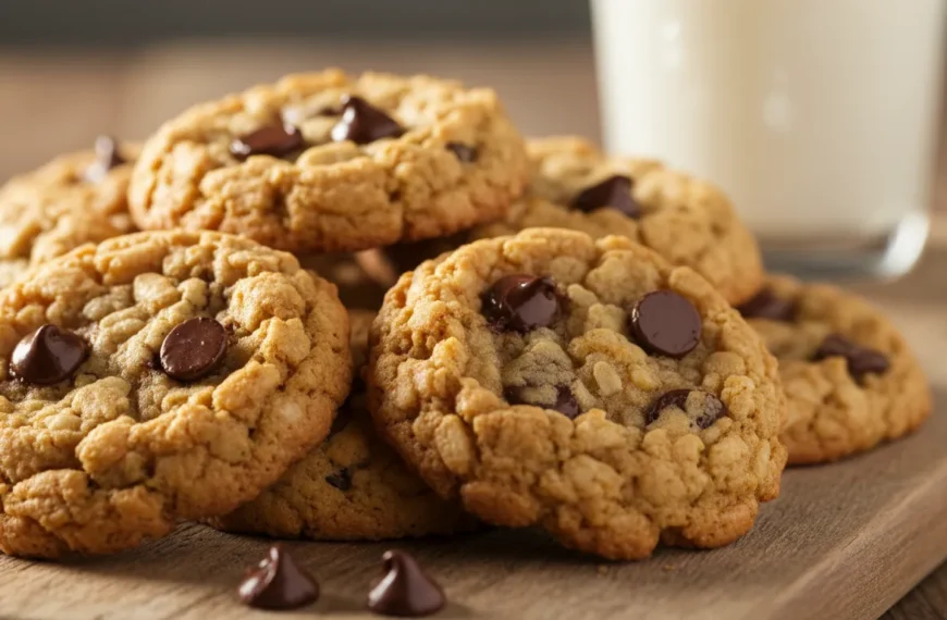 Stack of warm rice krispie chocolate chip cookies with melted chocolate chips