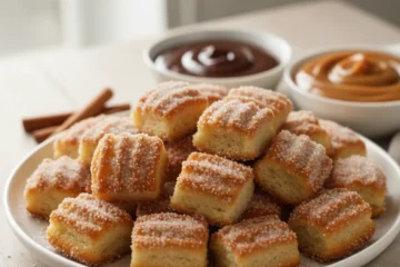 A plate of perfectly golden baked churro bites with cinnamon sugar and dipping sauces, showcasing the deliciousness of these no-fry churros.