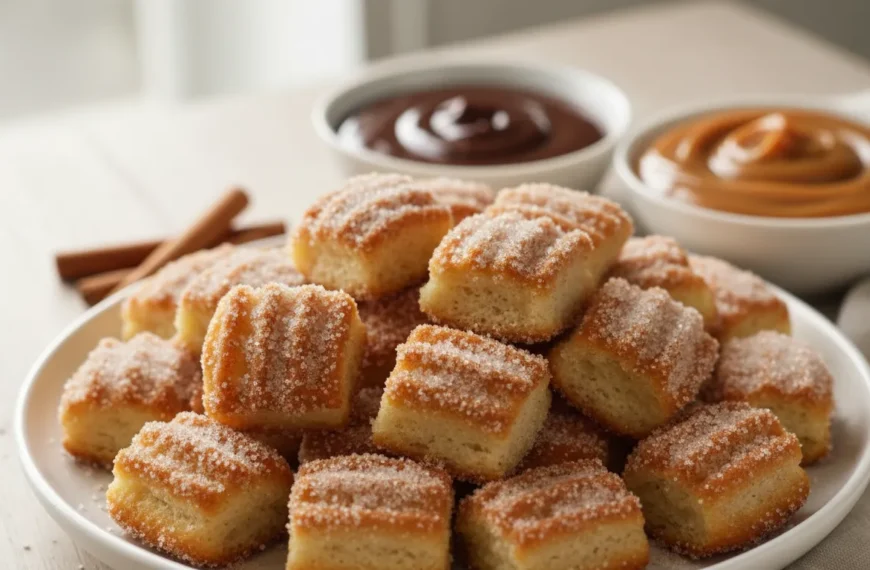 A plate of perfectly golden baked churro bites with cinnamon sugar and dipping sauces, showcasing the deliciousness of these no-fry churros.