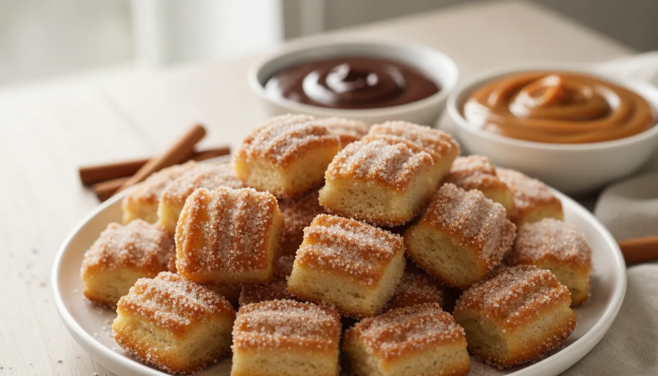 A plate of perfectly golden baked churro bites with cinnamon sugar and dipping sauces, showcasing the deliciousness of these no-fry churros.