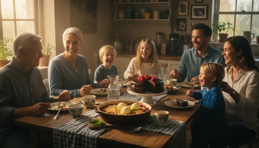 A joyful family enjoying easy desserts for family gatherings, sharing sweet treats.
