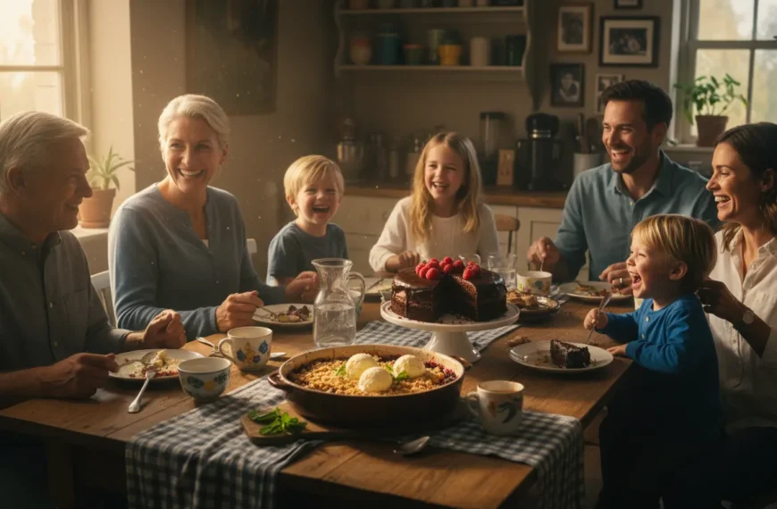 A joyful family enjoying easy desserts for family gatherings, sharing sweet treats.