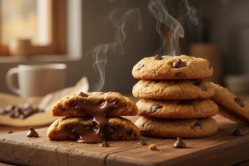 A stack of warm, golden-brown grandma's chocolate chip cookies with melted chocolate chips, evoking comfort and home.