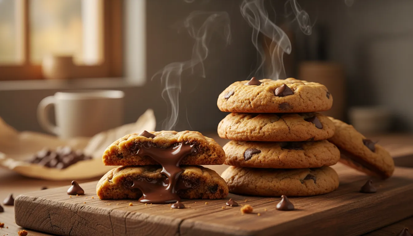A stack of warm, golden-brown grandma's chocolate chip cookies with melted chocolate chips, evoking comfort and home.