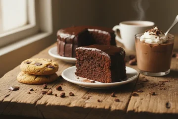 An array of delectable simple chocolate dessert recipes, including fudgy chocolate cake and chocolate cookies, ready to be enjoyed