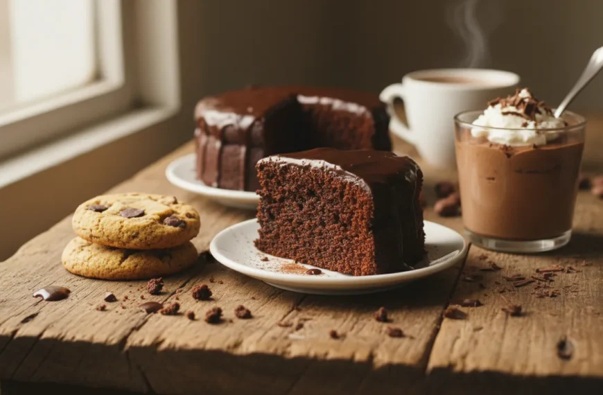 An array of delectable simple chocolate dessert recipes, including fudgy chocolate cake and chocolate cookies, ready to be enjoyed