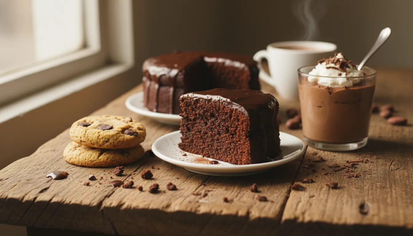 An array of delectable simple chocolate dessert recipes, including fudgy chocolate cake and chocolate cookies, ready to be enjoyed
