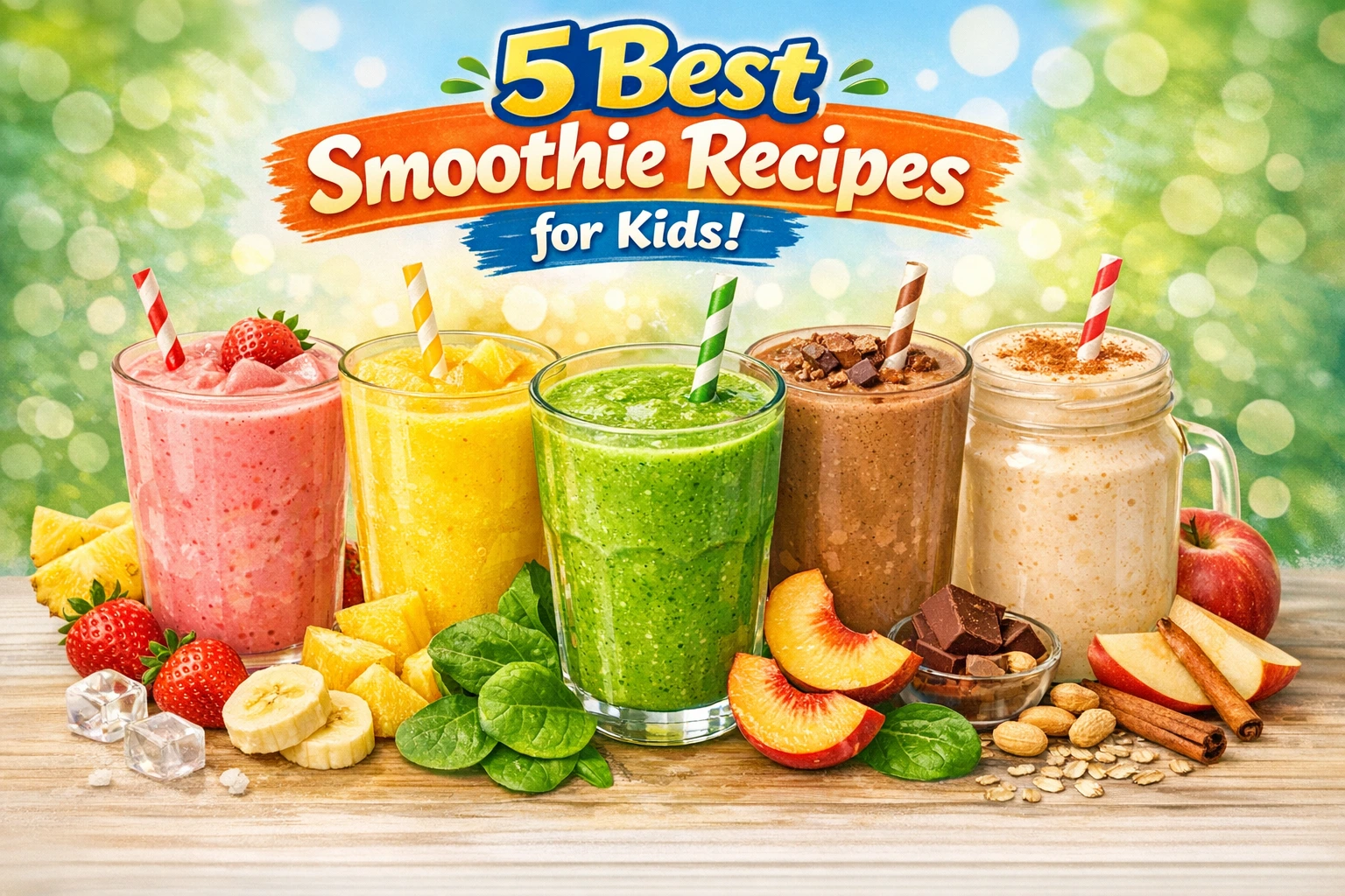 Five colorful smoothies — strawberry banana, tropical sunshine, hidden veggie, chocolate peanut butter, and apple pie — arranged on a wooden table with fresh fruits and ingredients around them