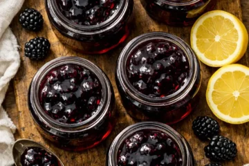 blackberry jelly recipe jars of deep purple homemade blackberry jelly with fresh blackberries and lemon on wooden board