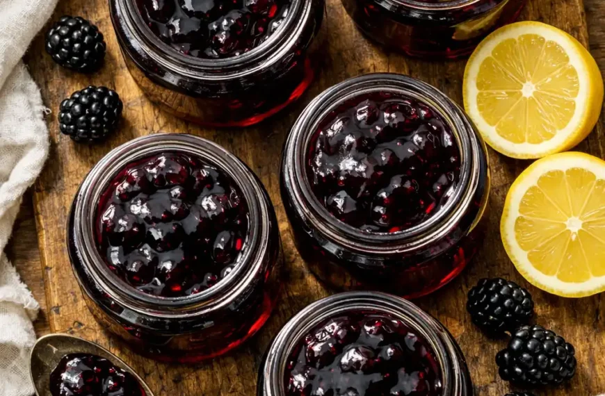 blackberry jelly recipe jars of deep purple homemade blackberry jelly with fresh blackberries and lemon on wooden board