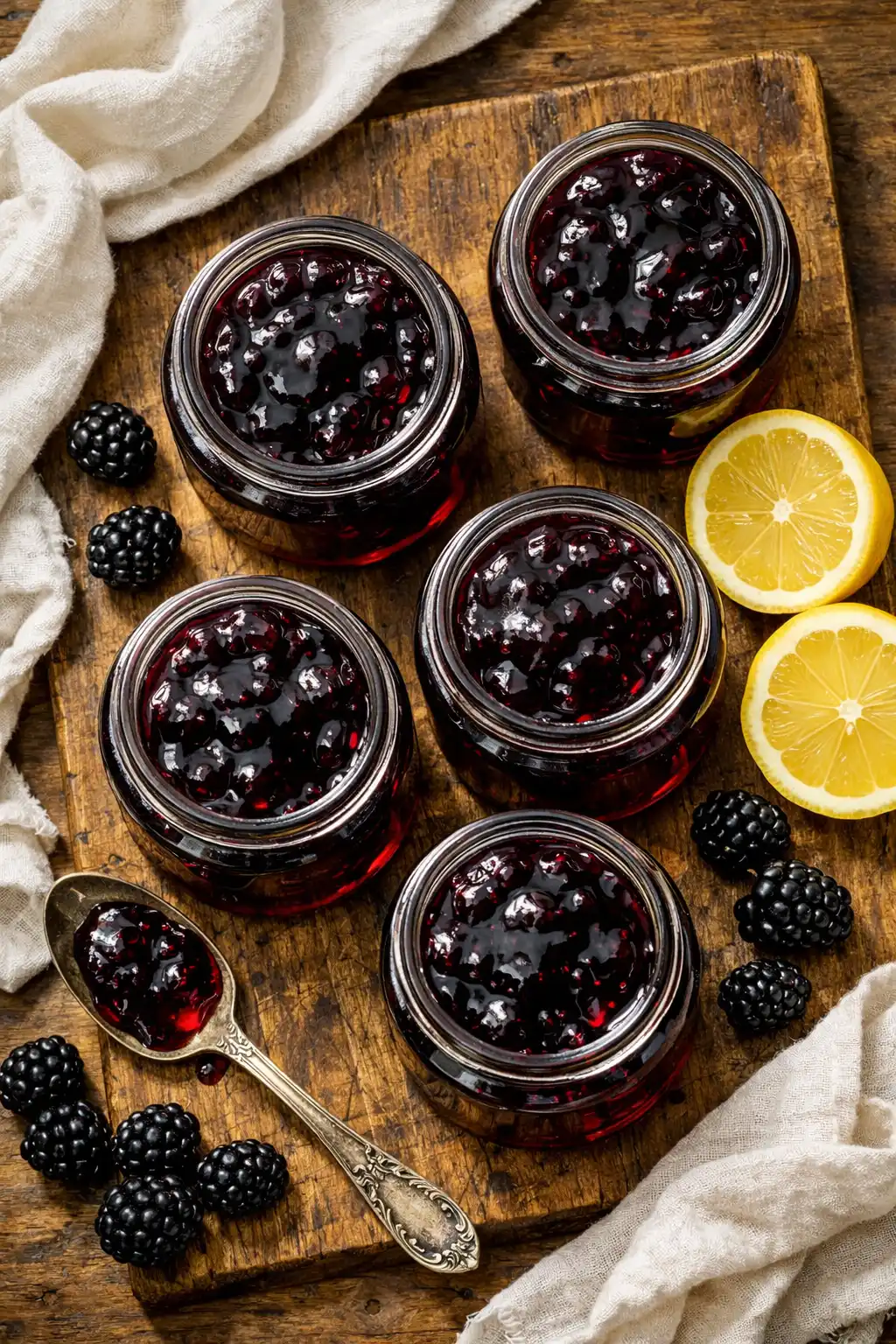 blackberry jelly recipe jars of deep purple homemade blackberry jelly with fresh blackberries and lemon on wooden board
