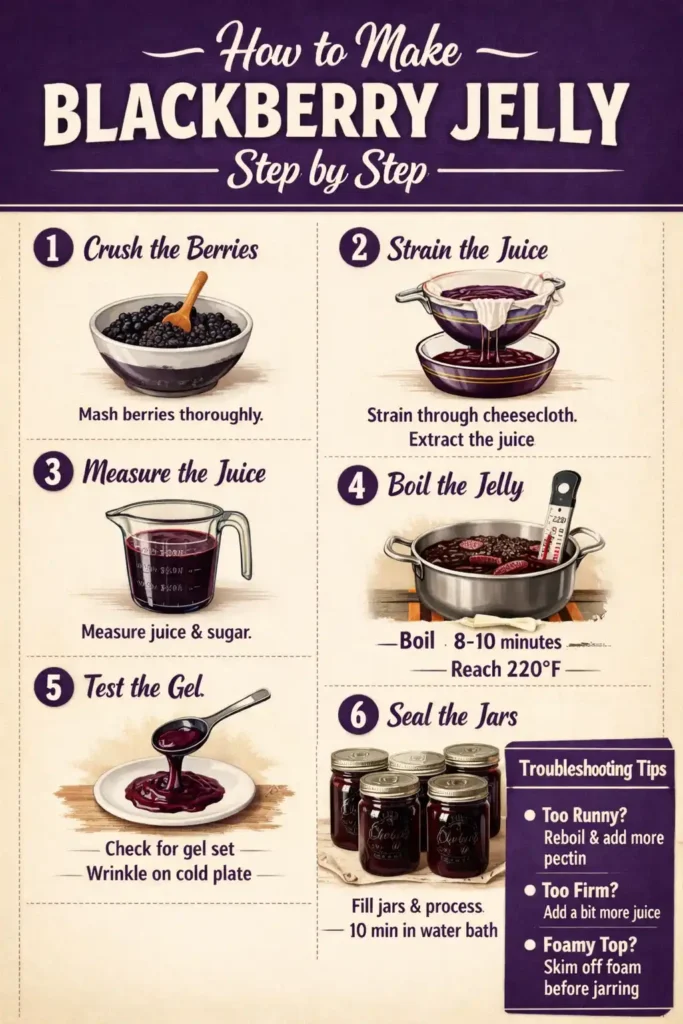 blackberry jelly recipe step by step infographic showing berry crushing straining boiling gel testing and canning process