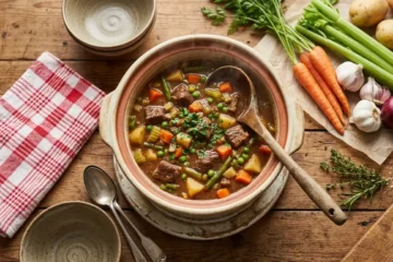 cheap easy crockpot meals hearty beef stew in slow cooker with vegetables and wooden ladle
