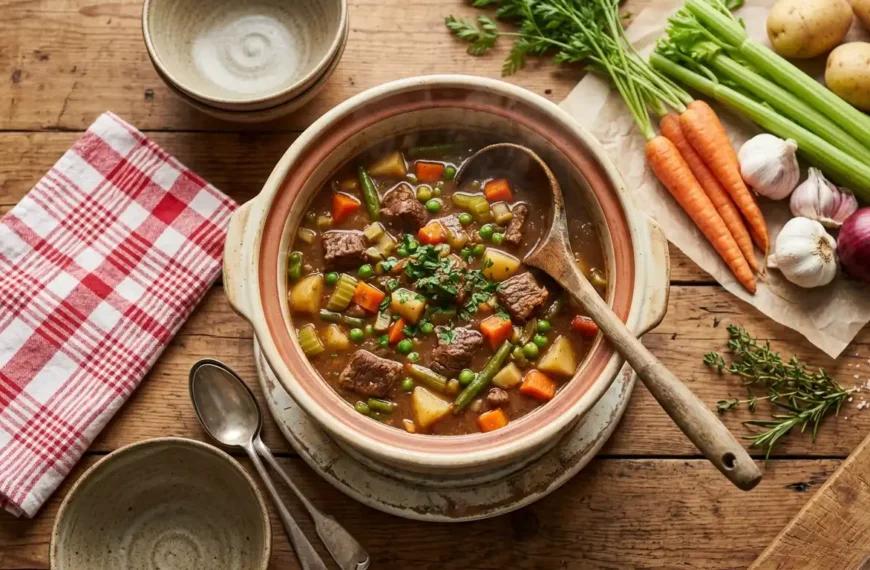 cheap easy crockpot meals hearty beef stew in slow cooker with vegetables and wooden ladle