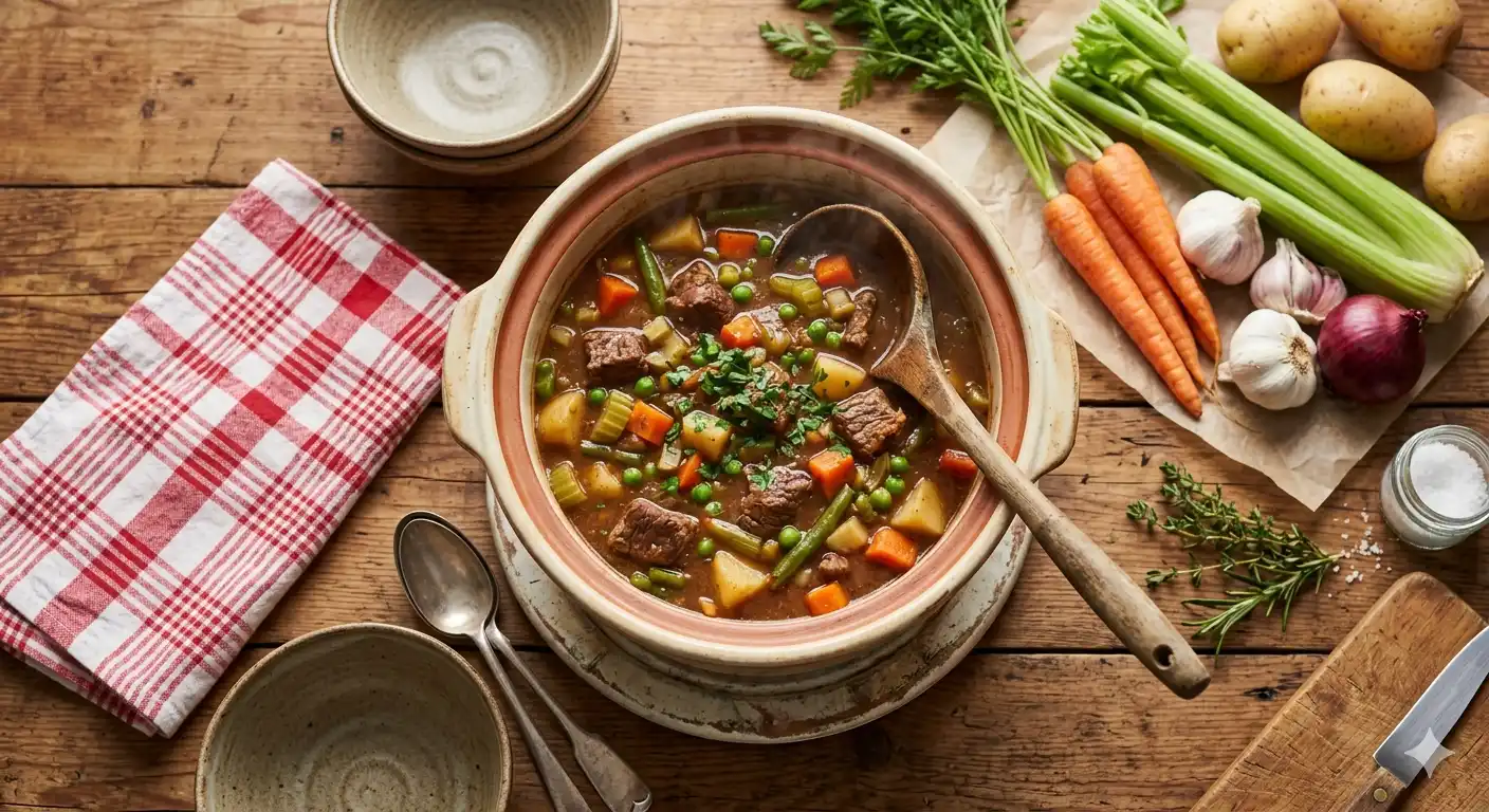 cheap easy crockpot meals hearty beef stew in slow cooker with vegetables and wooden ladle