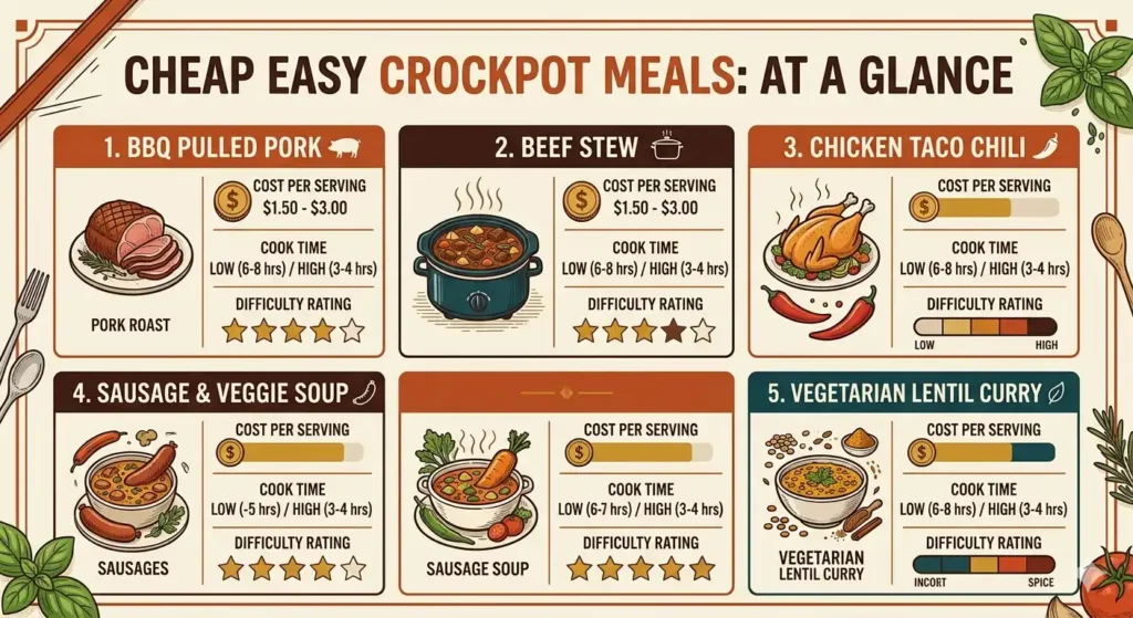 infographic comparing cheap easy crockpot meals cost per serving cook time and difficulty for five budget slow cooker recipes
