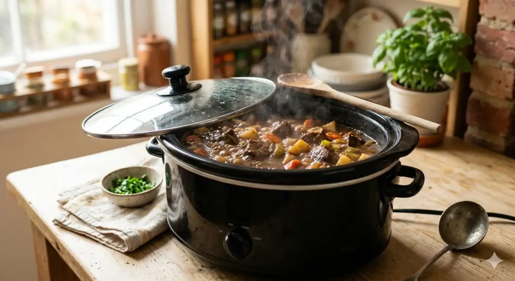 cheap easy crockpot meals steaming slow cooker with hearty beef stew on kitchen counter