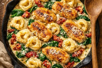chicken tortellini recipes creamy skillet with spinach sun dried tomatoes and parmesan overhead flat lay