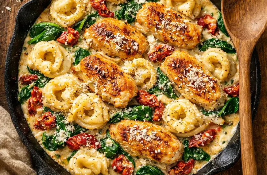 chicken tortellini recipes creamy skillet with spinach sun dried tomatoes and parmesan overhead flat lay