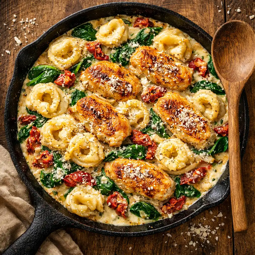 chicken tortellini recipes creamy skillet with spinach sun dried tomatoes and parmesan overhead flat lay